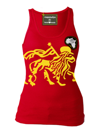 red ribbed custom made ragamufyn tank top with rasta lion of judah