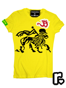 yellow and black custom made ragamufyn tee shirt with rasta lion of judah om namaste